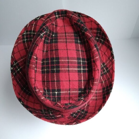 Red & Black Woven with Gold Thread Tartan Corduroy Porkpie Hat ~ Super Cute!! - Picture 4 of 9